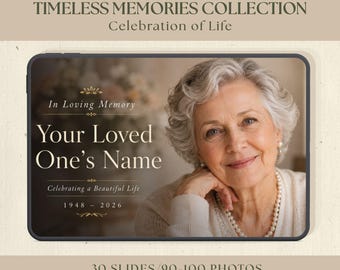 May include: A digital memorial slideshow template titled Timeless Memories Collection Celebration of Life. It features a portrait of an older person with grey hair wearing a pearl necklace, with text placeholders for a name and the dates 1948-2026.