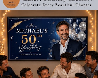 Puede incluir: Una pantalla digital que muestra una plantilla de presentación de diapositivas de cumpleaños de lujo con el texto "Michael's 50th Birthday, A Celebration of Life". El diseño tiene un fondo azul oscuro, detalles dorados y globos plateados. Incluye 90-100 fotos.