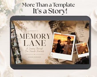 Puede incluir: Una pantalla de tableta digital que muestra una plantilla de presentación de diapositivas de boda titulada Memory Lane. El diseño incluye una tira de película, fotos estilo polaroid de una pareja al atardecer y el texto More Than a Template It's a Story.