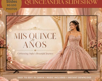 Puede incluir: Una plantilla de presentación digital para Quinceañera en una pantalla de televisión, mostrando un gráfico en tonos oro y rosa con el texto "MIS QUINCE AÑOS" y "Celebrating Sofia's Beautiful Journey" junto a una persona con vestido de gala.