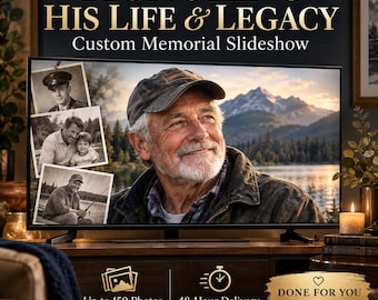 Puede incluir: Una pantalla de televisión que muestra una presentación conmemorativa personalizada titulada Honoring His Life & Legacy. La pantalla muestra un collage de fotos en blanco y negro de un hombre y una imagen grande de un hombre mayor con gorra.