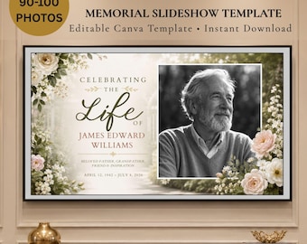 Puede incluir: Una plantilla de presentación conmemorativa con el texto Celebrating the Life of James Edward Williams, un retrato en blanco y negro de un hombre mayor, rodeado de ilustraciones florales de rosas blancas y rosas sobre fondo crema.