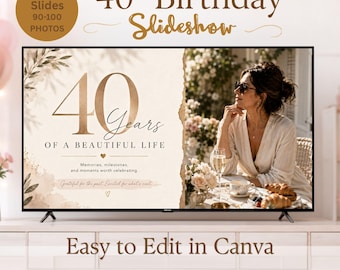 Puede incluir: Una plantilla de presentación de diapositivas para un 40 cumpleaños en una pantalla de televisión. El diseño presenta tonos beige y dorados con el texto 40 Years of a Beautiful Life, Memories, milestones, and moments worth celebrating y un espacio.