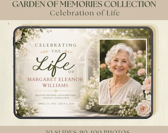Plantilla para la celebración de la vida, video conmemorativo del jardín, presentación de diapositivas funerarias en Canva, música incluida.