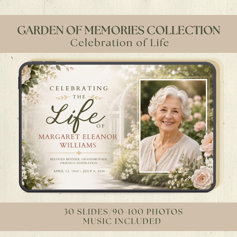 Garden of Memories celebration of life slideshow template in Canva