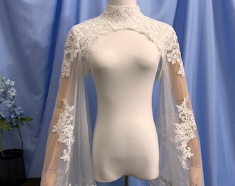 Modest Lace Bridal Topper Sleeves, Intricate Floral High Neck Tulle Bridal Cover Up