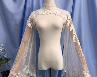 Romantic Flared Beaded Lace Wedding Arm Cover, Ornate Floral Sequin Bridal Cover Up
