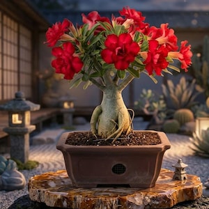 Op de afbeelding: Een woestijnroos bonsai met een dikke, bolvormige, lichtgekleurde stam en levendige rode bloemen met groene bladeren. De plant staat in een rechthoekige bruine keramische pot, die op een gepolijste, getextureerde stenen plaat rust.