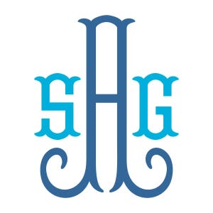 May include: A monogram design featuring the letters "S", "H", and "G" in a decorative font. The letters are in a blue and light blue color scheme.