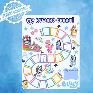 Può includere: Una tabella dei premi bianca con il testo 'MY REWARD CHART!' in alto. La tabella include un percorso tortuoso di caselle rettangolari colorate, illustrazioni di cani dei cartoni animati e frasi motivazionali come 'STAY POSITIVE', 'GREAT' e 'YOU GOT THIS!'.