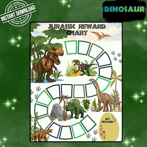 May include: A Jurassic Reward Chart featuring a winding path of empty rectangular boxes for tracking progress. The design includes illustrations of a Tyrannosaurus Rex, a Triceratops, a Brachiosaurus, and a Pterodactyl amidst green jungle foliage.
