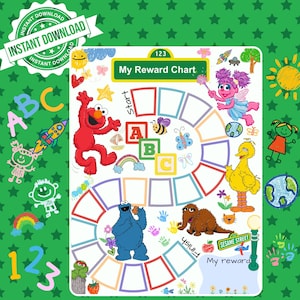 May include: A Sesame Street reward chart featuring Elmo, Big Bird, Cookie Monster, and Abby Cadabby. The chart has a winding path of colorful boxes labeled Start to Finish, decorated with ABC blocks, a rainbow, and a Sesame Street sign.