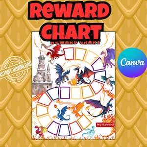 May include: A reward chart featuring the text REWARD CHART at the top and My Reward at the bottom. The design includes a gray stone castle, various colorful dragons in red, blue, purple, and orange, and a winding path of empty rectangular boxes.