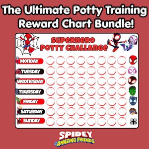 Peut inclure: Un tableau de récompense rectangulaire pour l'apprentissage de la propreté intitulé SuperHero Potty Challange avec les jours de la semaine. Il présente des personnages de Spidey and His Amazing Friends, des cercles rouges et un fond blanc.