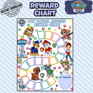 Peut inclure: Un tableau de récompenses Paw Patrol Mission illustré avec les personnages de dessin animé Chase, Marshall, Rubble, Skye, Rocky, Zuma et Ryder. Le tableau présente un chemin sinueux de cases rectangulaires vides, des empreintes de pattes et un espace en forme de bouclier intitulé My Reward.