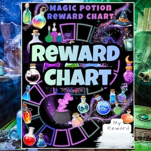 May include: A Magic Potion Reward Chart featuring a black background with a galaxy pattern, colorful potion bottles, a wizard hat, and a black cauldron. The chart includes a winding path of empty squares and the text Magic Potion Reward Chart.