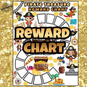 May include: A pirate-themed reward chart featuring the text "PIRATE TREASURE REWARD CHART" and "REWARD CHART" in large letters. The design includes illustrations of pirates, a treasure chest, gold coins, a ship, a parrot, and a map.
