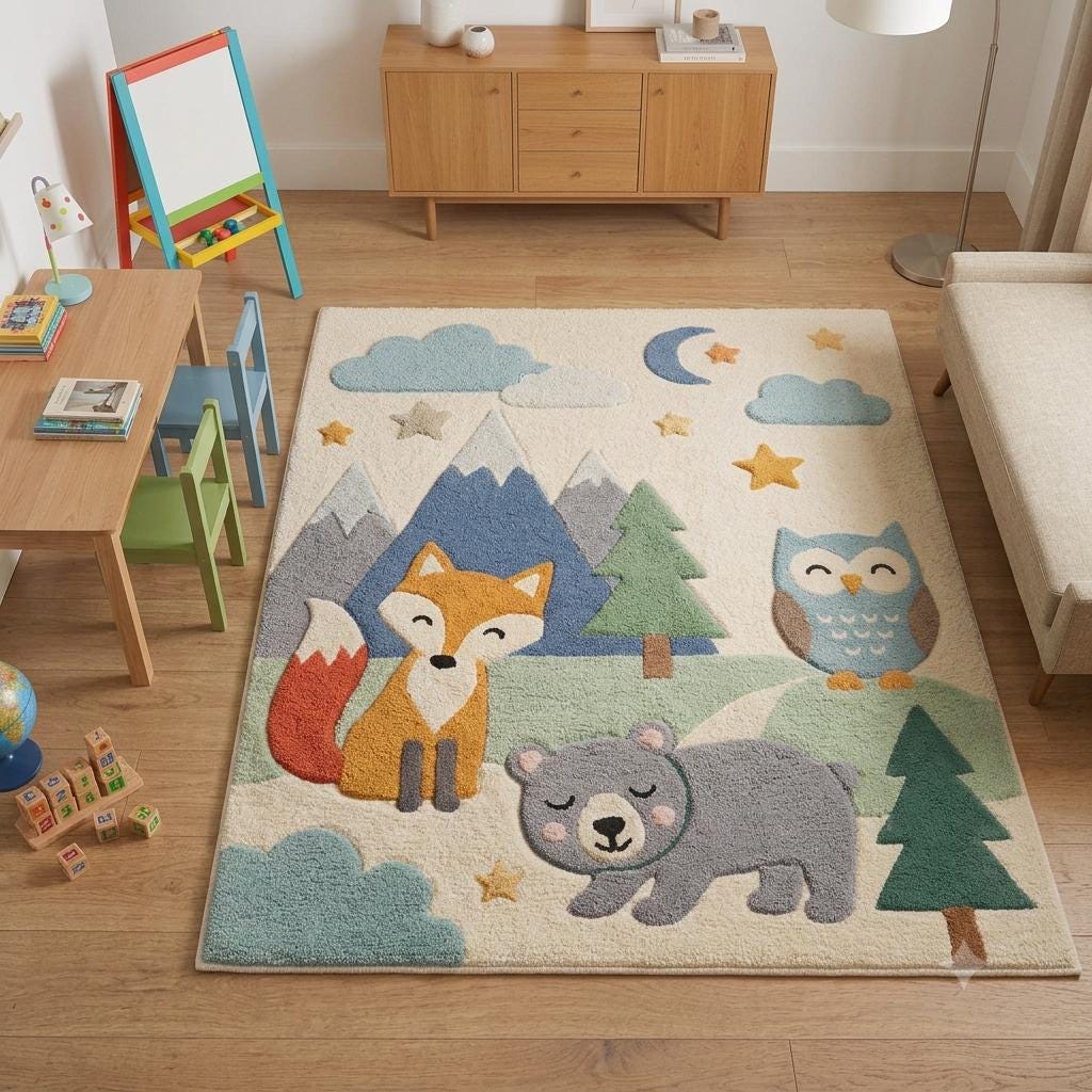 Woodland Animal Kids Rug, Fox Owl Bear Nursery Decor, Forest Playroom Floor Mat
