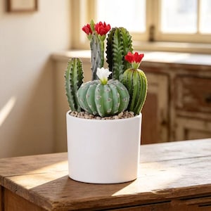 Peut inclure: Une collection de divers cactus verts plantés dans un pot en céramique cylindrique blanc et lisse. L'arrangement comprend un cactus rond et côtelé avec une fleur blanche, des cactus colonnaires hauts et des tiges plus petites à fleurs rouges.