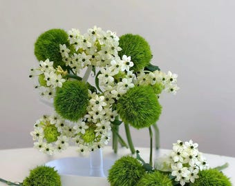 Artificial Green Dianthus Ball Stem Fuzzy Pom Pom Floral for Indoor Vase Home Decoration