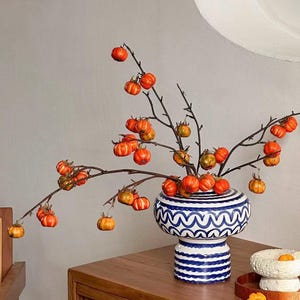 Può includere: Un vaso in ceramica con base bianca e strisce orizzontali blu a onde, contenente rami marrone scuro decorati con piccoli frutti rotondi, arancioni e costoluti. Una piccola ciotola testurizzata color bianco sporco si trova accanto.