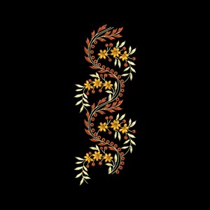 May include: An embroidery design featuring a vertical, S-shaped vine pattern with golden yellow flowers, light cream leaves, and reddish-brown berries. The intricate floral motif is arranged in a repeating, flowing sequence against a black background.