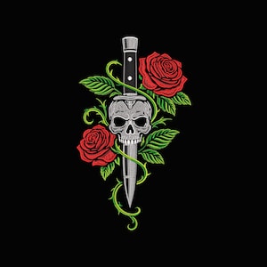 May include: Embroidered design featuring a skull pierced by a dagger, surrounded by red roses and green vines, set against a black background. The skull is detailed with shading, and the dagger has a textured handle.