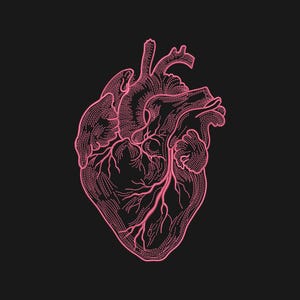Może przedstawiać: Różowa ilustracja anatomicznego serca na czarnym tle. Serce, ze szczegółowymi żyłami i tętnicami, jest oddane w stylu linii. Projekt ma wygląd szyty lub haftowany, tworząc efekt tekstury.