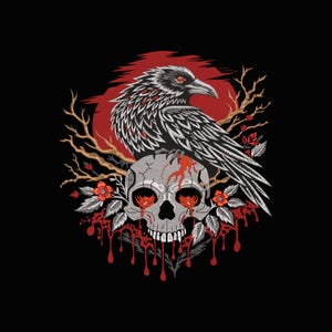 Puede incluir: Ilustración en blanco y negro de un cuervo posado sobre una calavera con sangre goteando. El cuervo tiene plumas detalladas y ojos rojos. Flores rojas y un sol rojo en el fondo.