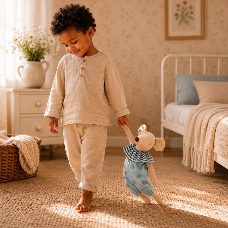May include: A plush mouse toy with large ears, wearing a blue and white striped ruffled collar and light blue polka-dot pants. The toy has a cream-colored body, a brown nose, and is held by a child wearing a beige long-sleeve shirt and pants.
