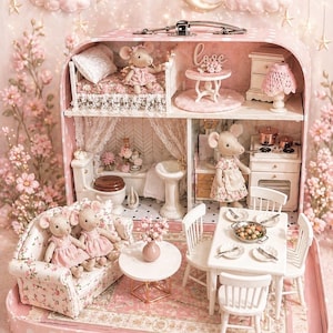 May include: A pink polka-dotted dollhouse suitcase with multiple rooms, furnished with miniature furniture and mouse dolls. The rooms include a bedroom, bathroom, kitchen, and living room, all decorated in shades of pink and white.