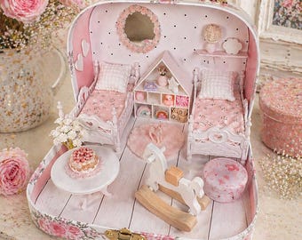 Maileg Mice Suitcase Dollhouse, Miniature 1:12 Scale, Portable Montessori Play Toy