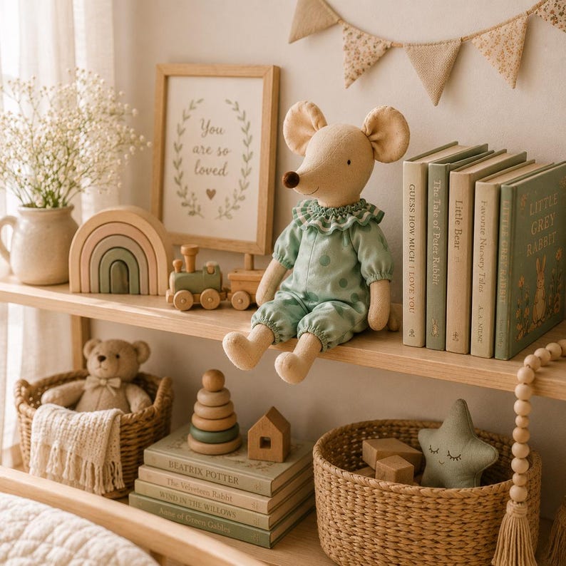 May include: A plush mouse toy wearing a light green polka dot romper with a ruffled collar, sitting on a wooden shelf alongside a wooden rainbow, a toy train, a framed sign reading You are so loved, a teddy bear in a basket, and several books.