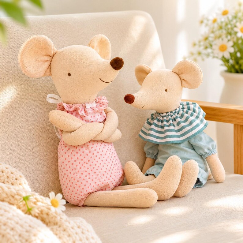 May include: Two beige plush mouse dolls with embroidered facial features. The larger mouse wears a pink polka-dot romper with a ruffled collar. The smaller mouse wears a light blue dress with a white and teal striped ruffled collar.