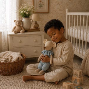 May include: A plush mouse toy with large ears, a brown nose, and a blue-and-white striped ruffled collar, wearing light blue pants with a subtle polka dot pattern. The toy is held by a person wearing a beige long-sleeved shirt and matching pants.