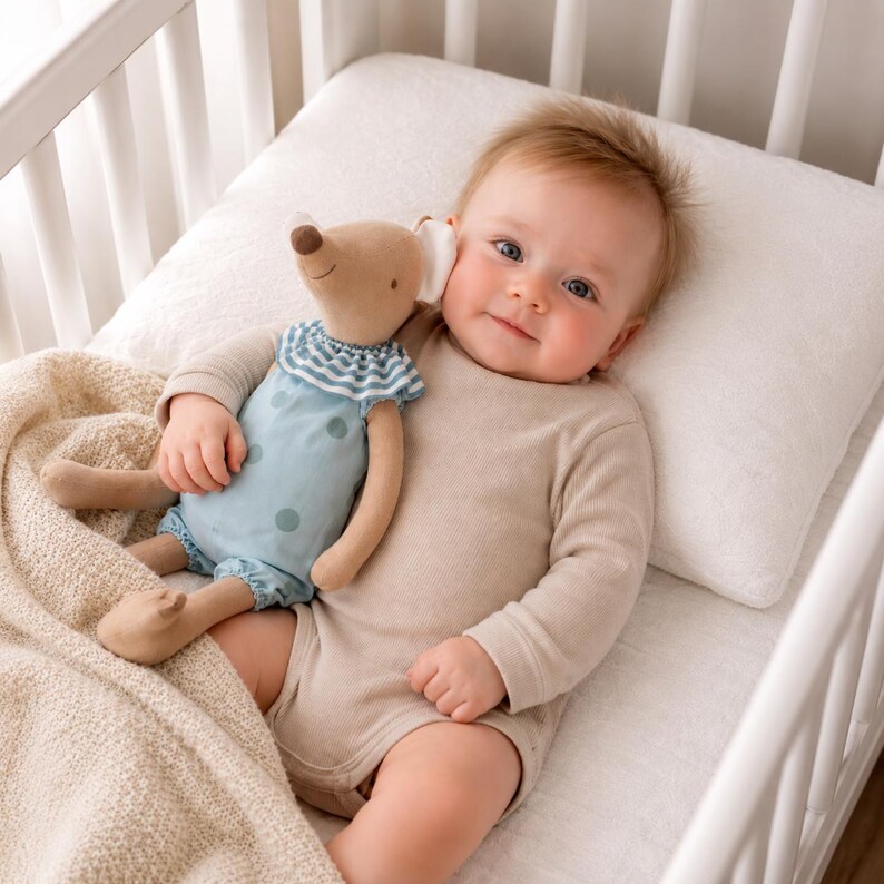 May include: A plush mouse toy with a tan body, wearing a light blue romper featuring dark blue polka dots and a blue and white striped ruffled collar, held by a baby wearing a beige long-sleeved ribbed bodysuit while lying on a white pillow.
