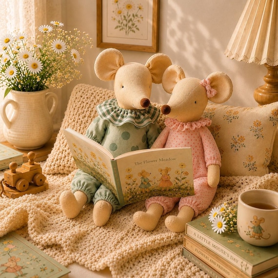 Large Handmade Fabric Mouse Doll, Soft Stuffed Plush Toy, Nursery Decor, Maileg Style Companion