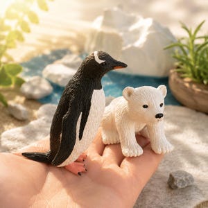 May include: A small figurine of a black and white penguin standing next to a small white polar bear cub figurine. The penguin has a white patch on its head and orange feet, while the polar bear cub has a textured white coat and black nose.