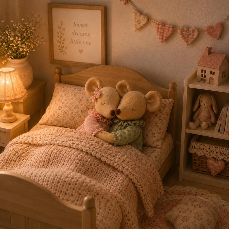 May include: Two plush mouse dolls with closed eyes are embracing in a wooden bed. One mouse wears a pink ruffled top with a small bow, and the other wears a green patterned top. They are covered by a textured, light pink knitted blanket.