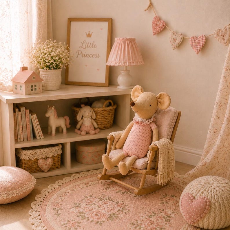 May include: A plush mouse toy with large ears wearing a pink textured romper, seated in a small wooden rocking chair. The scene includes a white shelf with books, a small house, a basket, a lamp, and a floral rug with a heart-shaped cushion.