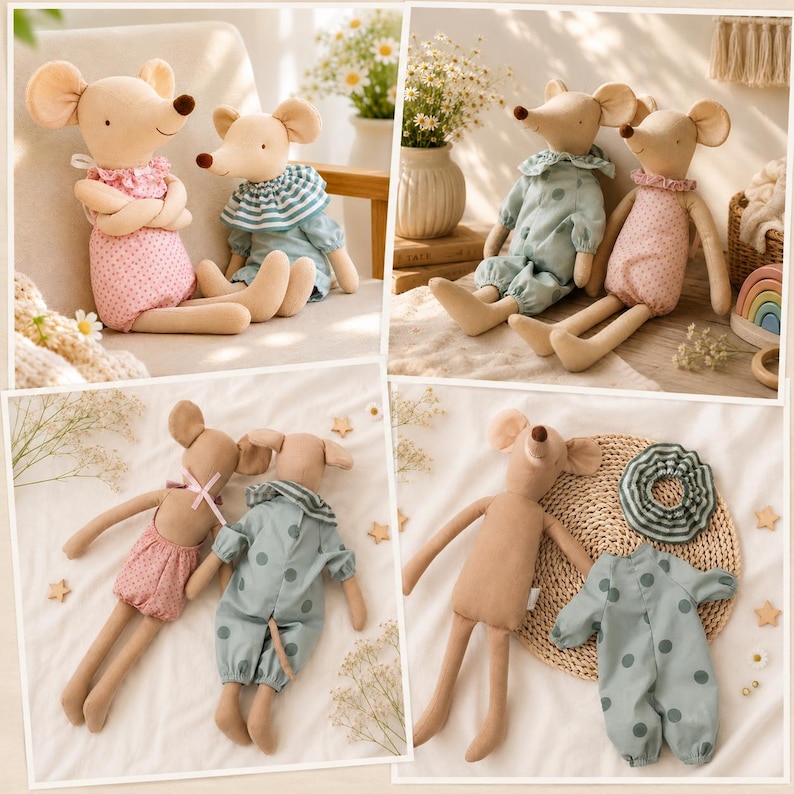 May include: Two beige fabric mouse dolls with embroidered facial features. One wears a pink patterned romper with a ruffled collar, and the other wears a blue-green polka-dot jumpsuit with a striped collar. The dolls have long limbs and ears.