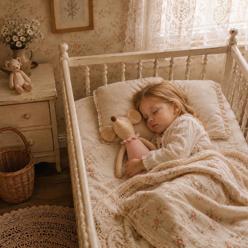 May include: A plush mouse toy with a pink patterned dress and a ruffled collar, held by a sleeping child in a white wooden crib. The crib features a cream-colored pillow and a floral-patterned quilt, creating a soft, neutral-toned sleeping environment.