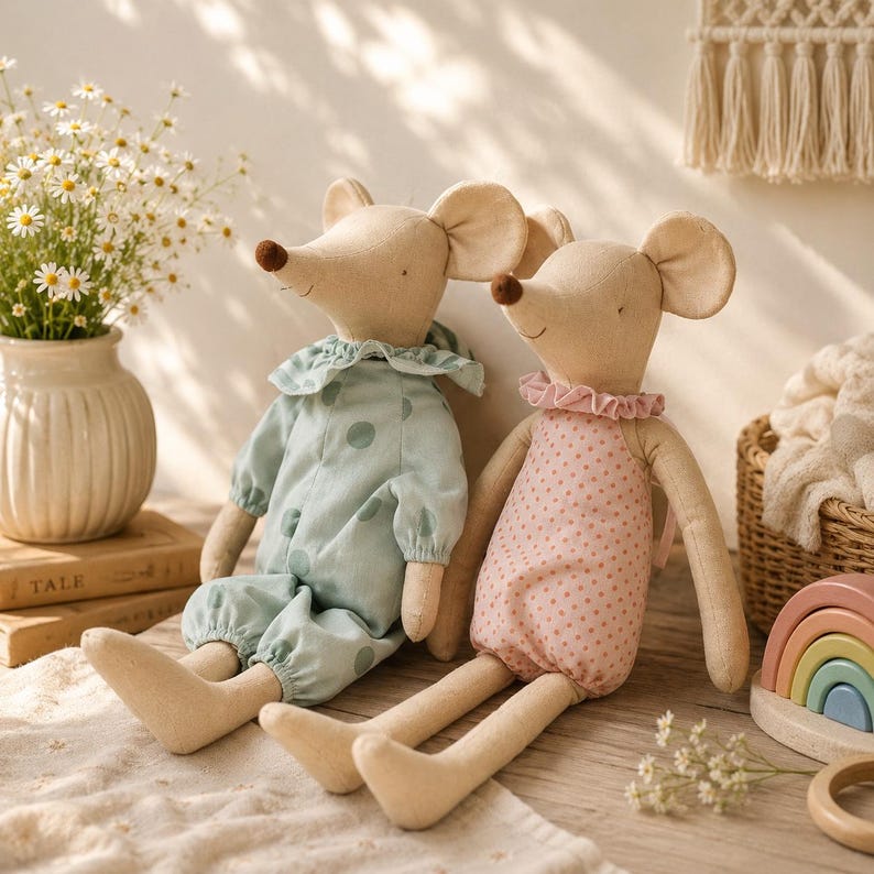 May include: Two beige fabric mouse dolls with long limbs and embroidered facial features. One mouse wears a light blue romper with large green polka dots and a ruffled collar, while the other wears a pink romper with small dots and a ruffled collar.