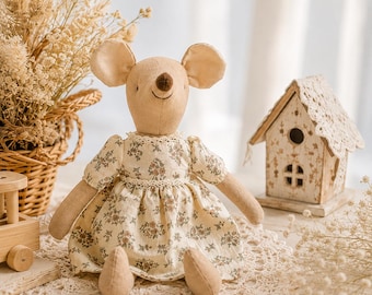 Large Vintage Floral Fabric Mouse Doll, Cottagecore Nursery Decor, Plush Toy