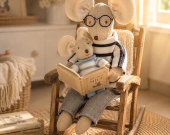 Handmade Dad and Baby Mouse Plush Toy, Striped Sweater, Nursery Decor, Maileg Style