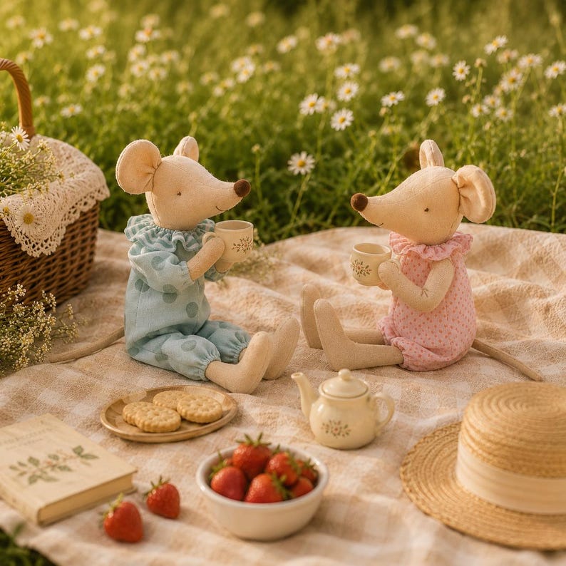 May include: Two plush mouse dolls sitting on a checkered blanket, one in a blue polka-dot outfit and one in a pink floral outfit, each holding a small ceramic teacup. A small ceramic teapot, a plate of round crackers, and fresh strawberries are nearby.