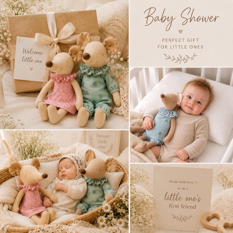 May include: Two plush mouse dolls with tan fabric bodies, one wearing a pink polka-dot dress and the other a green polka-dot romper with a ruffled collar. They are shown in various settings with a baby, gift packaging, and cards with text.
