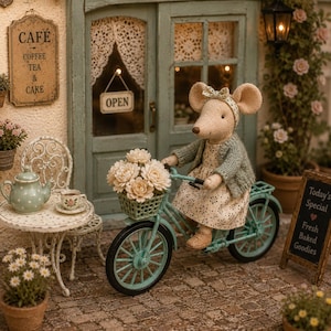 Peut inclure: Scène miniature d'un café avec une souris à vélo bleu turquoise, un panier de fleurs. Le café affiche "CAFE COFFEE TEA & CAKE" et un tableau "Today's Special Fresh Baked Goodies".