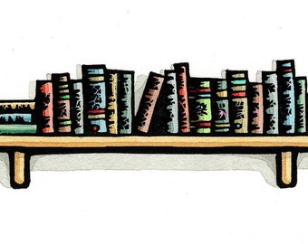 NEW Original Linocut (2242) of a Wall Shelf with 19 Books