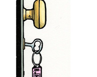 Original Linocut (0135) of a Side View of a Door Knob and Key
